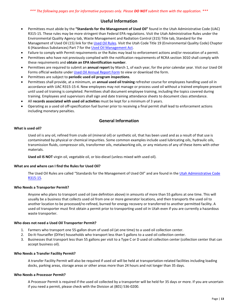 Used Oil off-Specification Fuel Burner New Permit Application  10-year Renewal - Utah, Page 13