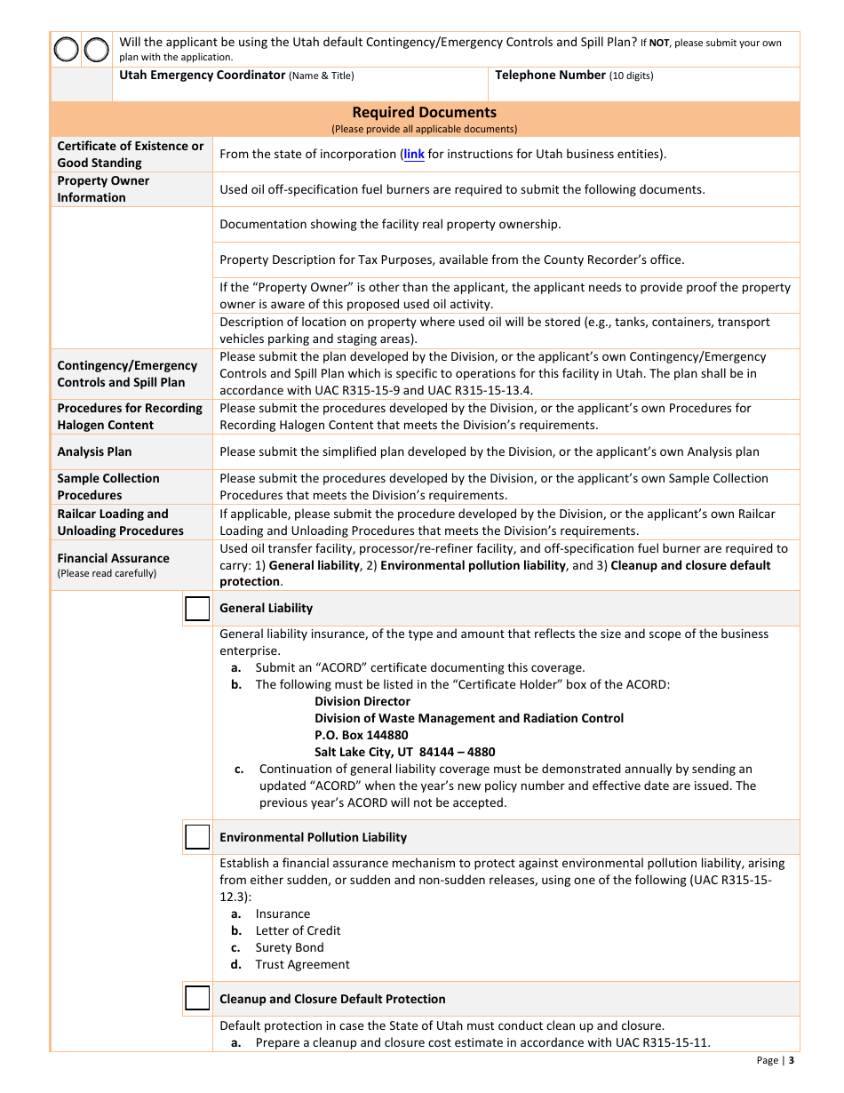 Used Oil off-Specification Fuel Burner New Permit Application  10-year Renewal - Utah, Page 3