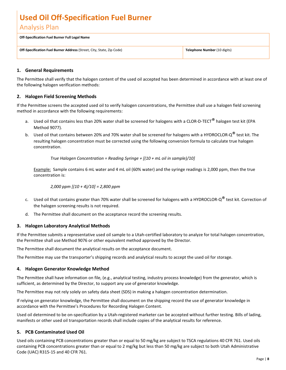 Used Oil off-Specification Fuel Burner New Permit Application  10-year Renewal - Utah, Page 8