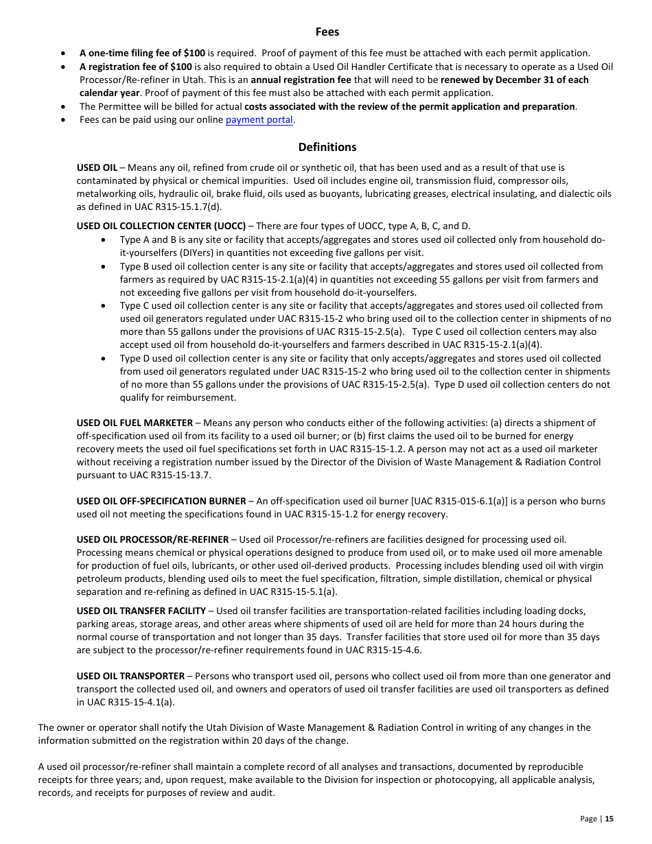 Used Oil Processor / Re-refiner New Permit Application  10-year Renewal - Utah, Page 15
