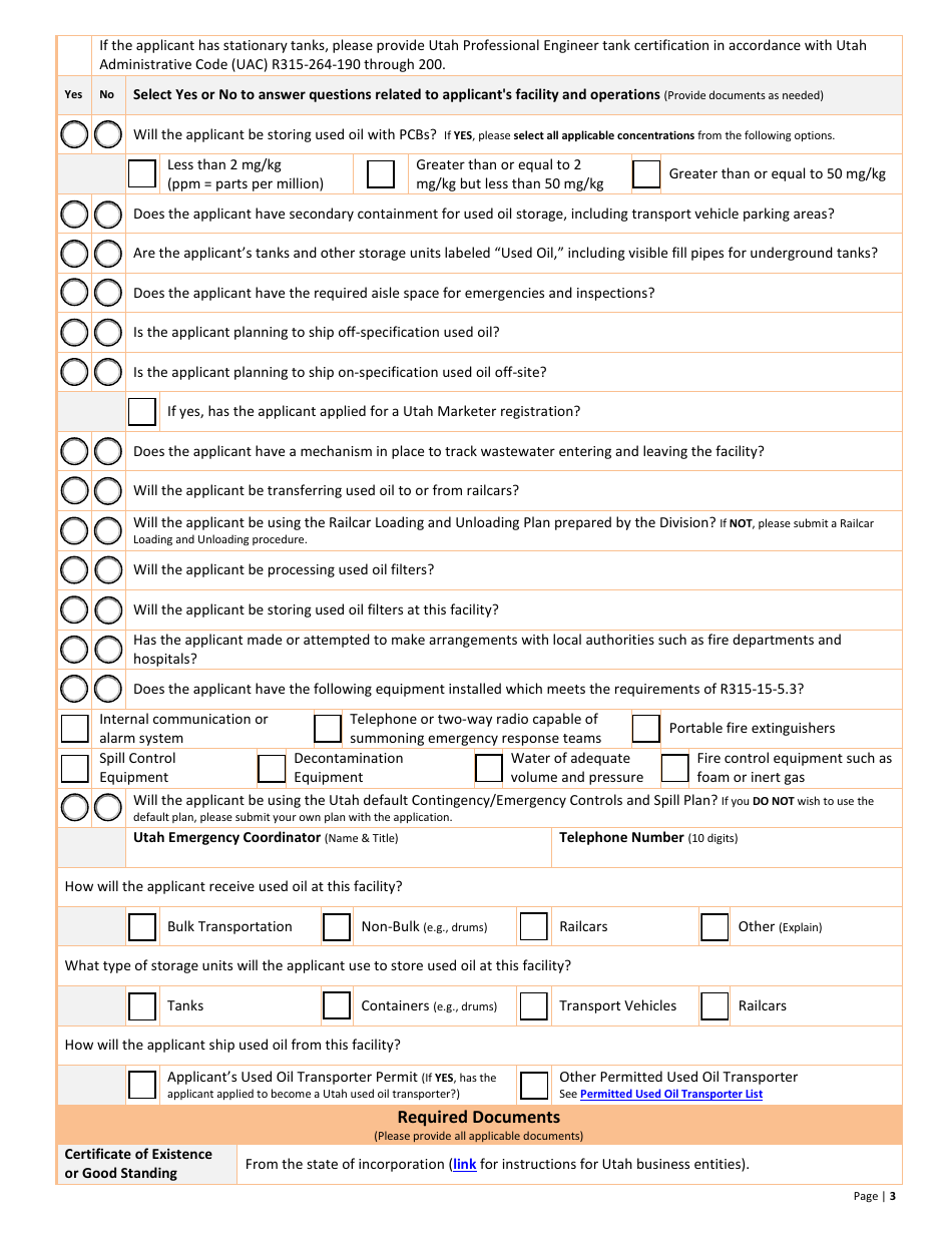 Used Oil Processor / Re-refiner New Permit Application  10-year Renewal - Utah, Page 3