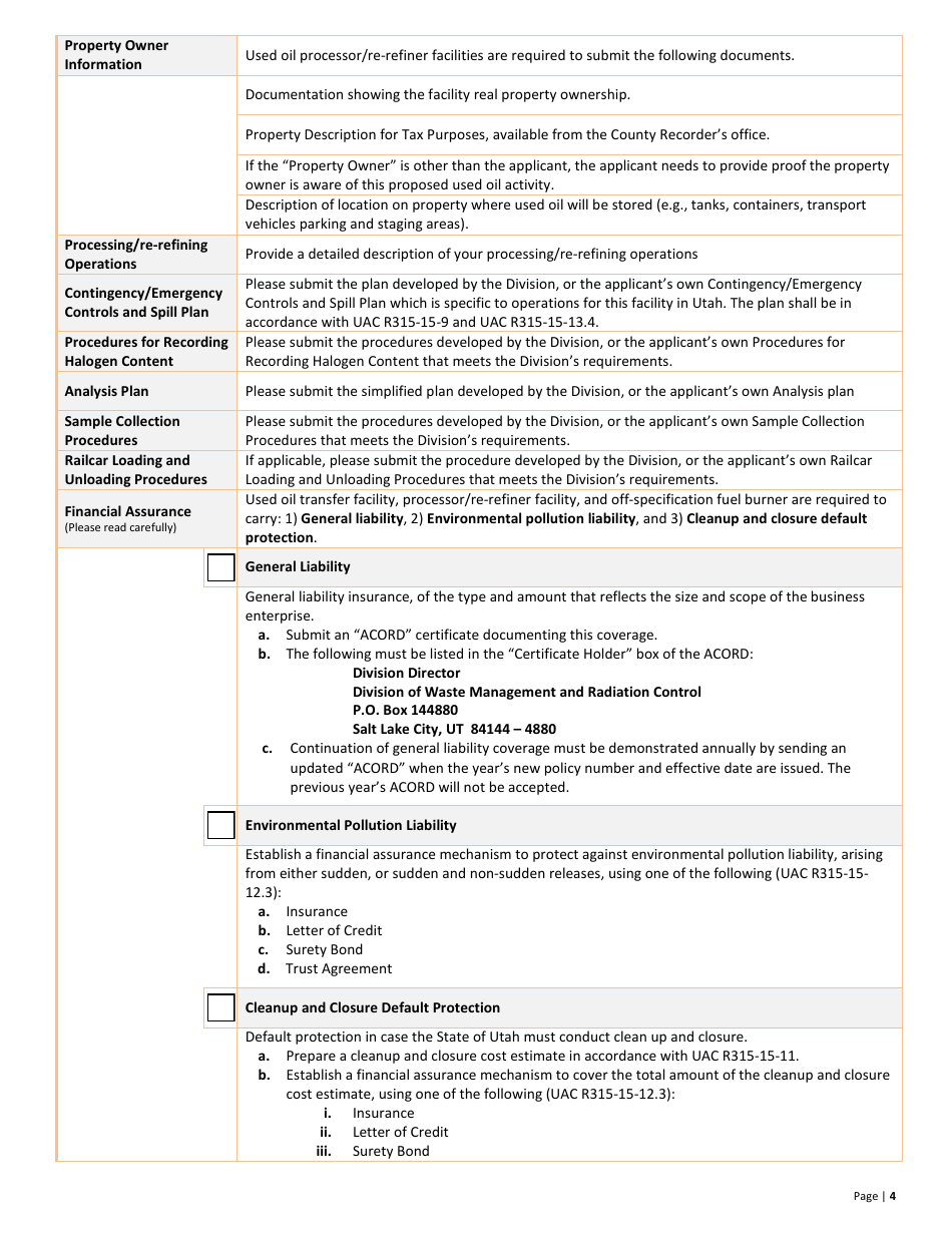 Used Oil Processor / Re-refiner New Permit Application  10-year Renewal - Utah, Page 4
