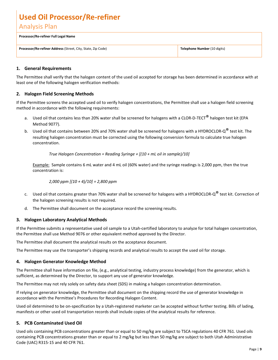 Used Oil Processor / Re-refiner New Permit Application  10-year Renewal - Utah, Page 9