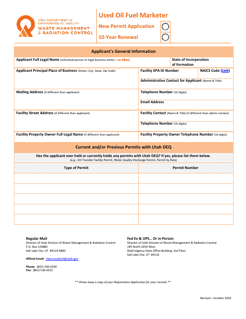 Used Oil Fuel Marketer New Permit Application & 10-year Renewal - Tennessee Download Pdf