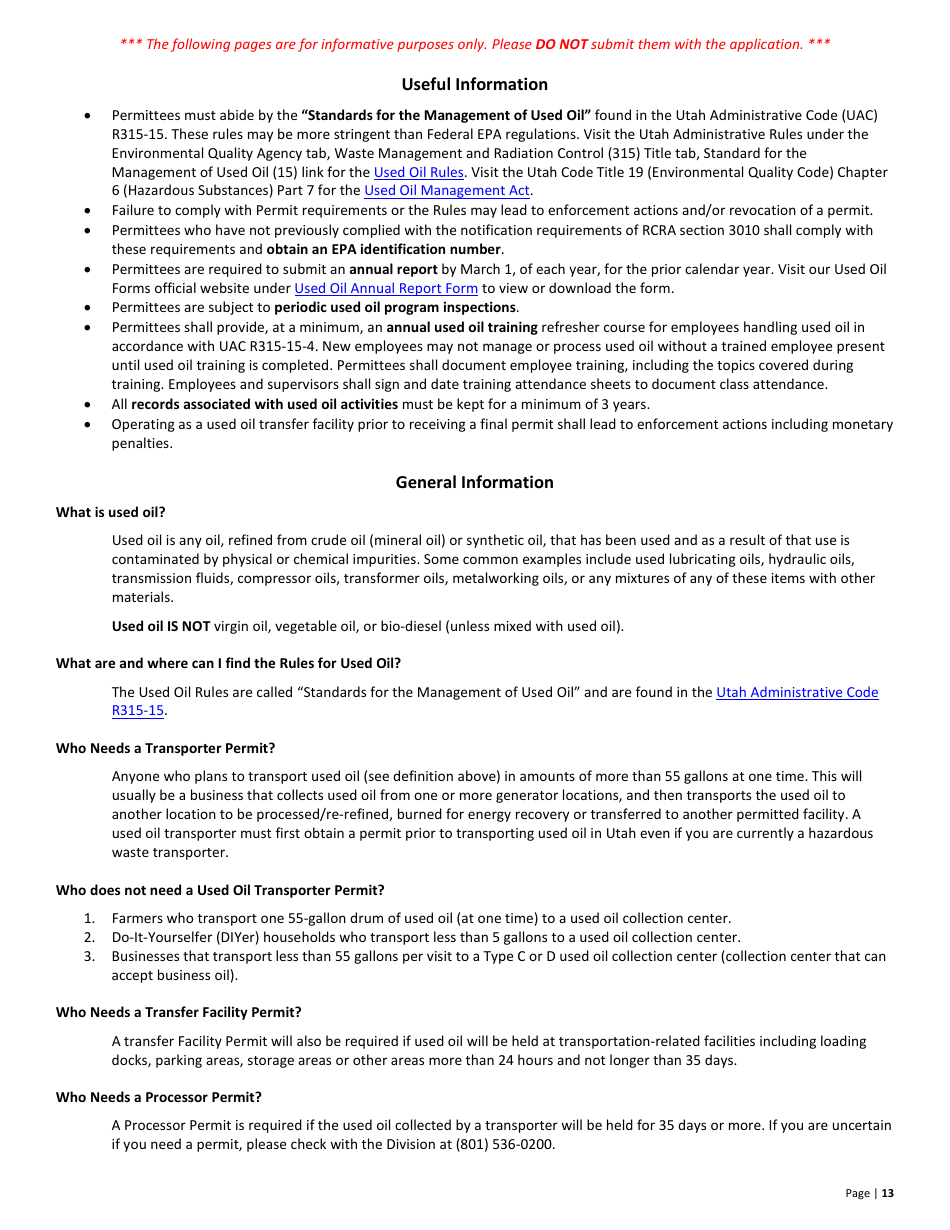 Used Oil Transfer Facility New Permit Application  10-year Renewal - Utah, Page 13
