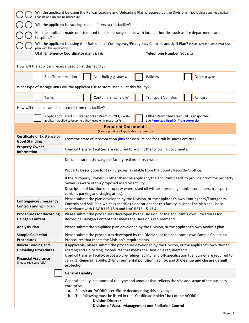 Used Oil Transfer Facility New Permit Application  10-year Renewal - Utah, Page 3