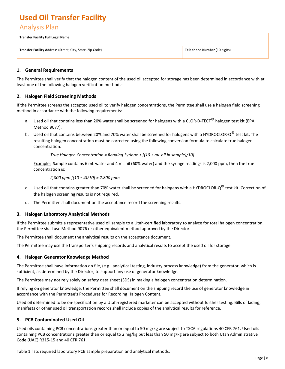 Used Oil Transfer Facility New Permit Application  10-year Renewal - Utah, Page 8
