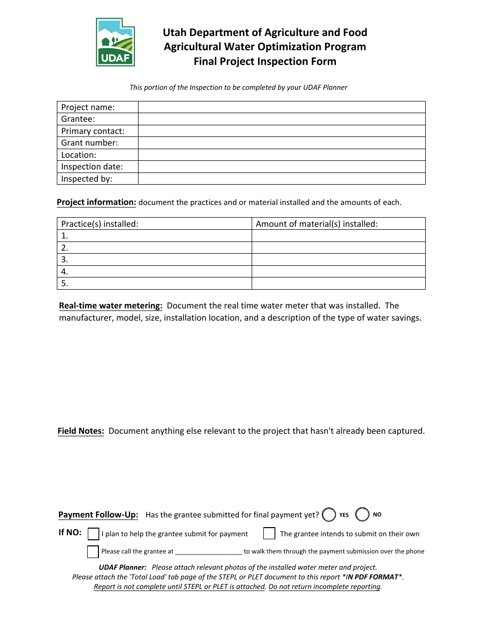 Utah Final Project Inspection Form - Agricultural Water Optimization ...