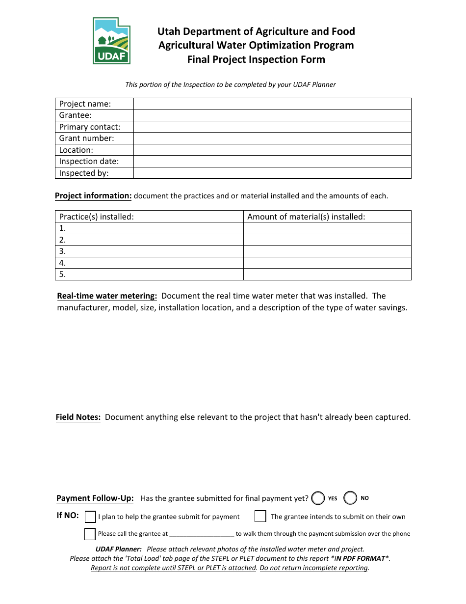 Final Project Inspection Form - Agricultural Water Optimization Program - Utah, Page 1