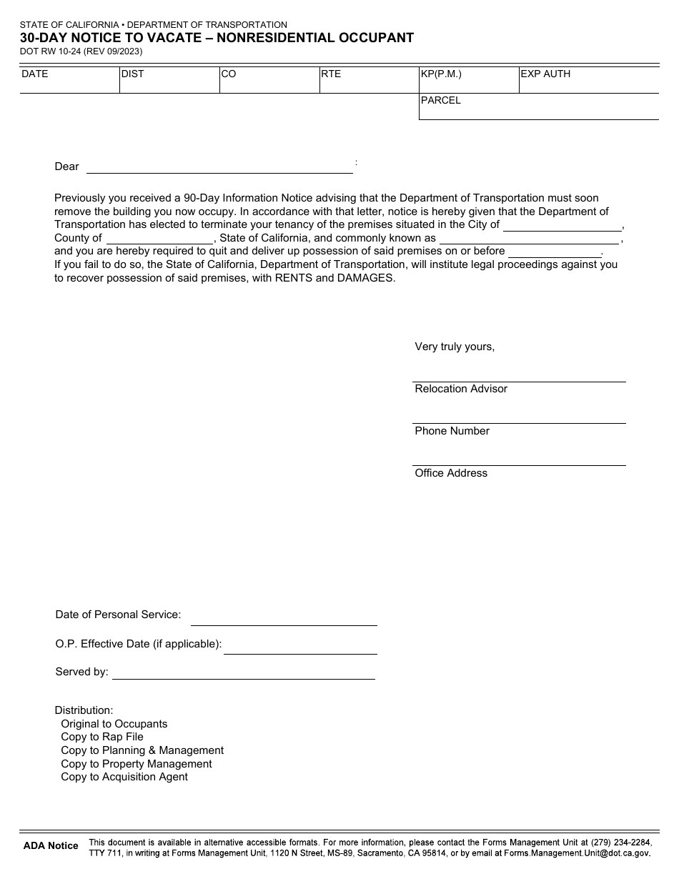 Form DOT RW10-24 30-day Notice to Vacate - Nonresidential Occupant - California, Page 1