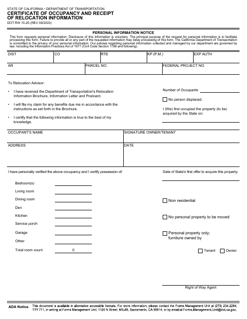Form DOT RW10-25 Certificate of Occupancy and Receipt of Relocation Information - California
