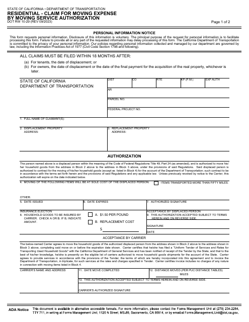 Form DOT RW10-29  Printable Pdf