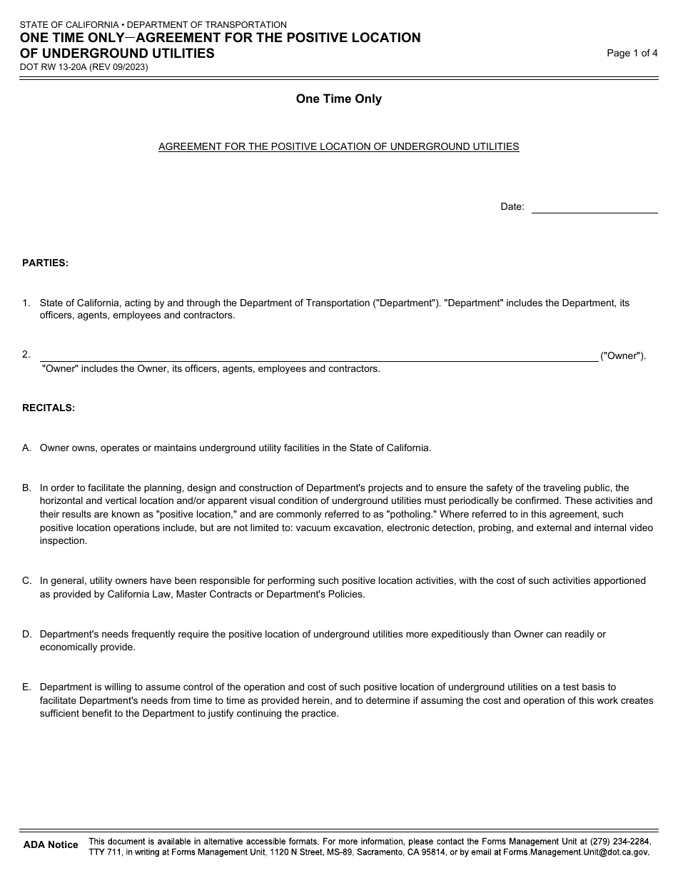 Form DOT RW13-20A One Time Only - Agreement for the Positive Location of Underground Utilities - California, Page 1