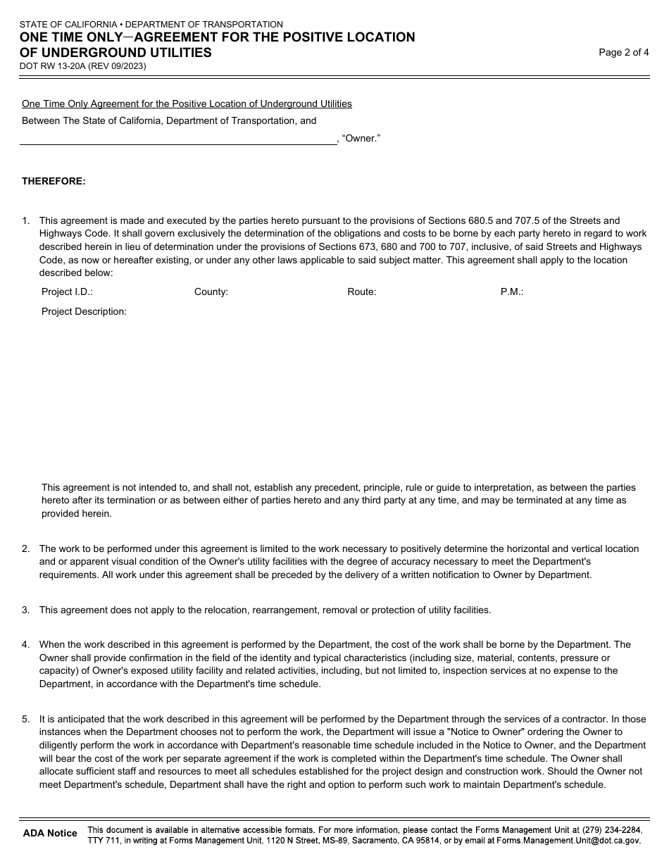 Form DOT RW13-20A One Time Only - Agreement for the Positive Location of Underground Utilities - California, Page 2