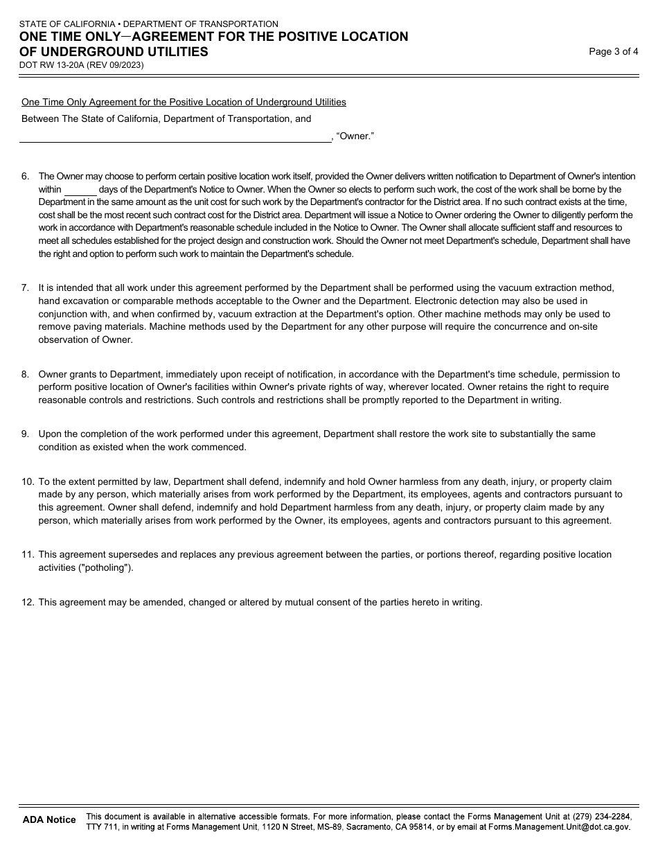 Form DOT RW13-20A One Time Only - Agreement for the Positive Location of Underground Utilities - California, Page 3