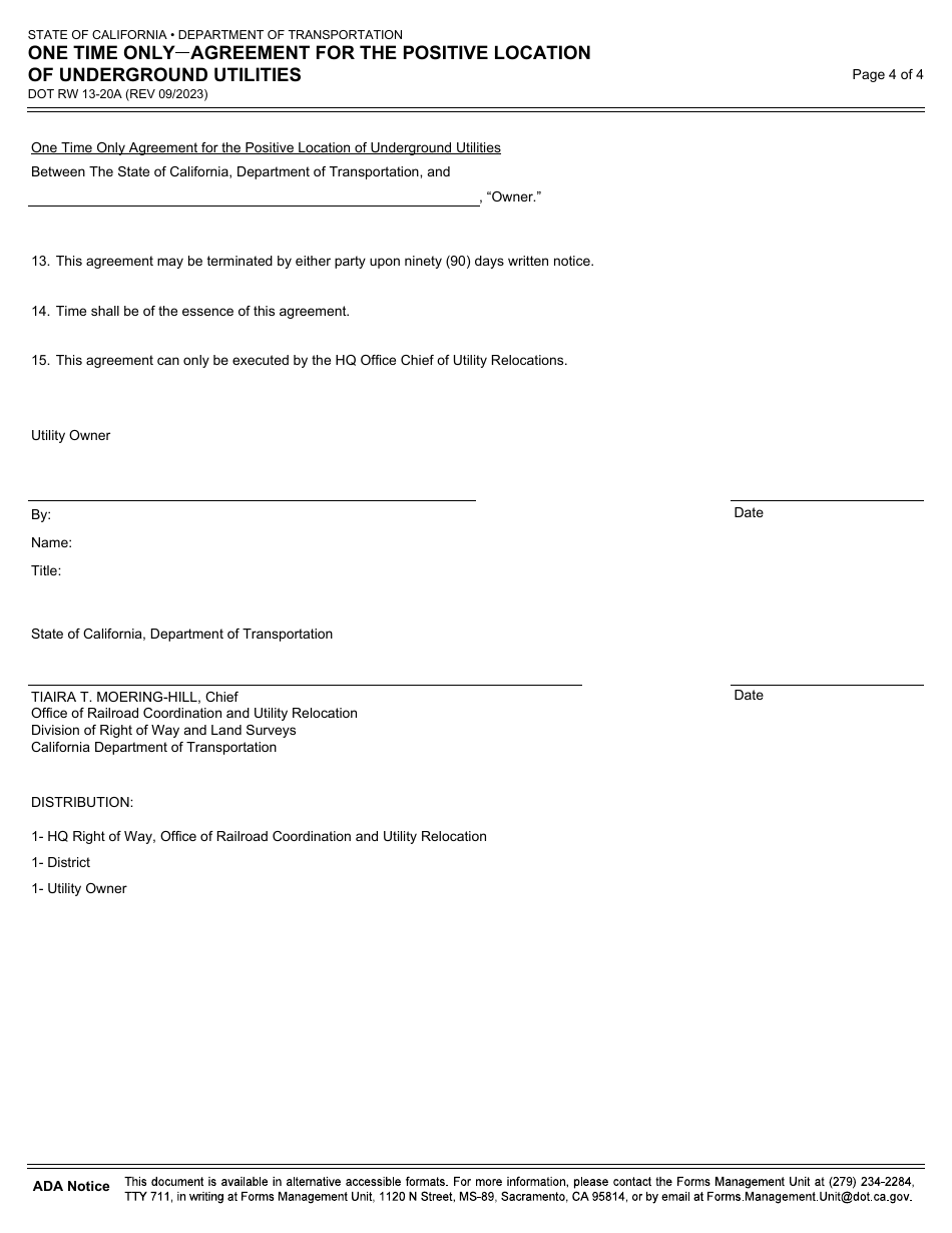 Form DOT RW13-20A One Time Only - Agreement for the Positive Location of Underground Utilities - California, Page 4