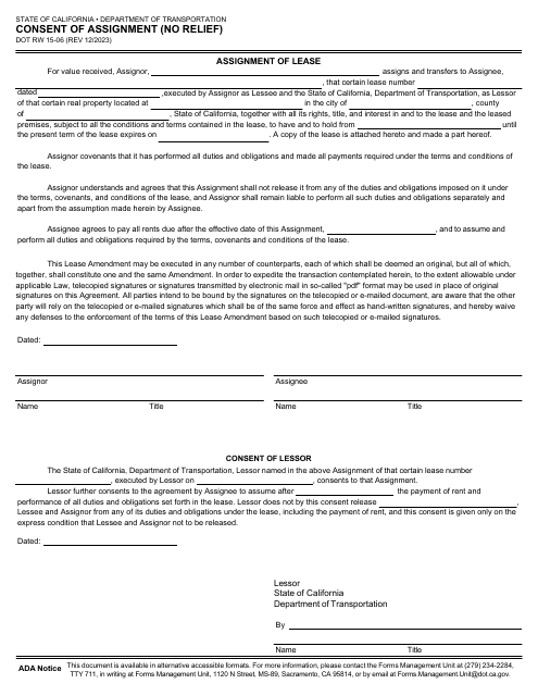 Form DOT RW15-06 Consent of Assignment (No Relief) - California