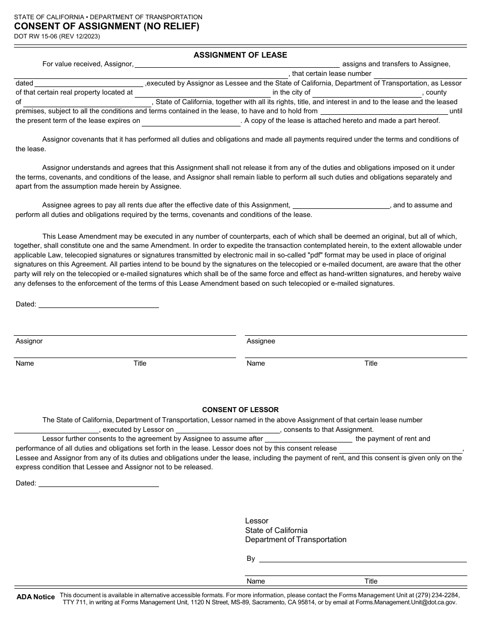 Form DOT RW15-06 Consent of Assignment (No Relief) - California, Page 1