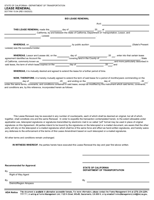 Form DOT RW15-04 Lease Renewal - California