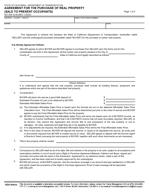 Form DOT RW16-09 Agreement for the Purchase of Real Property (Sale to Present Occupants) - California