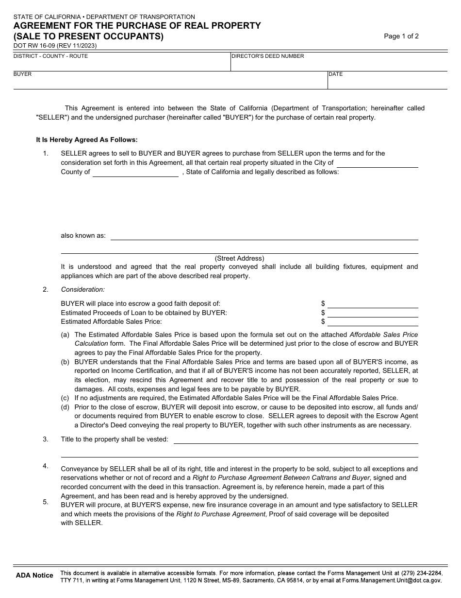 Form DOT RW16-09 Agreement for the Purchase of Real Property (Sale to Present Occupants) - California, Page 1