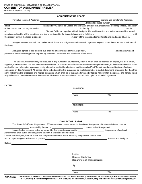 Form DOT RW15-07 Consent of Assignment (Relief) - California