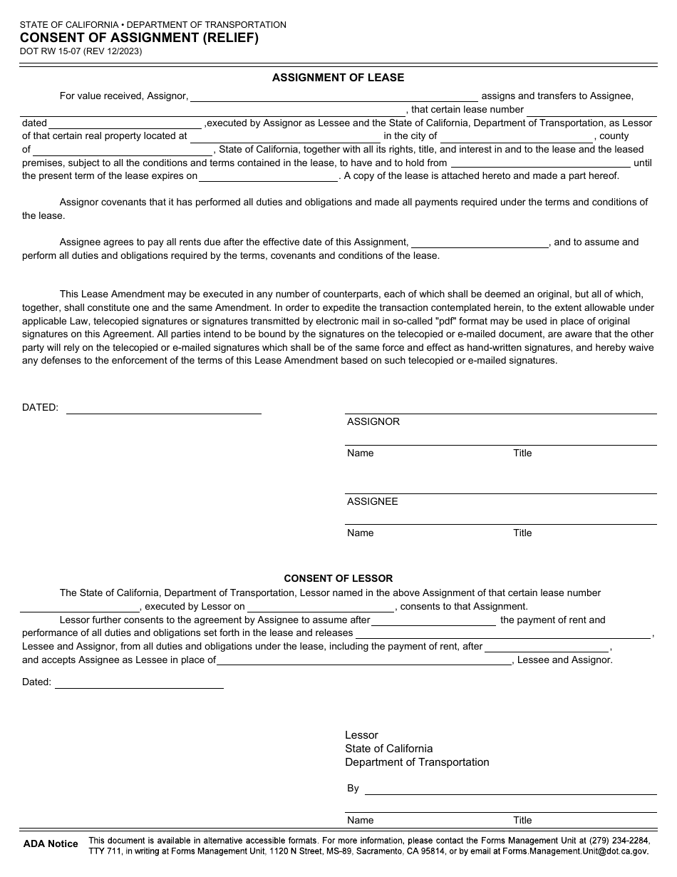 Form DOT RW15-07 Consent of Assignment (Relief) - California, Page 1