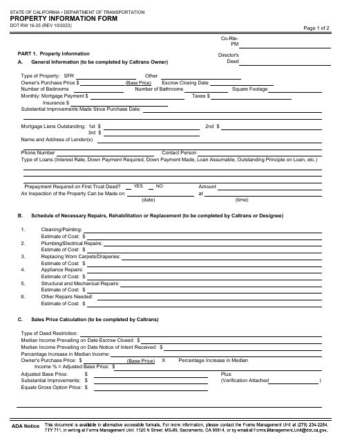 Form DOT RW16-25 Property Information Form - California