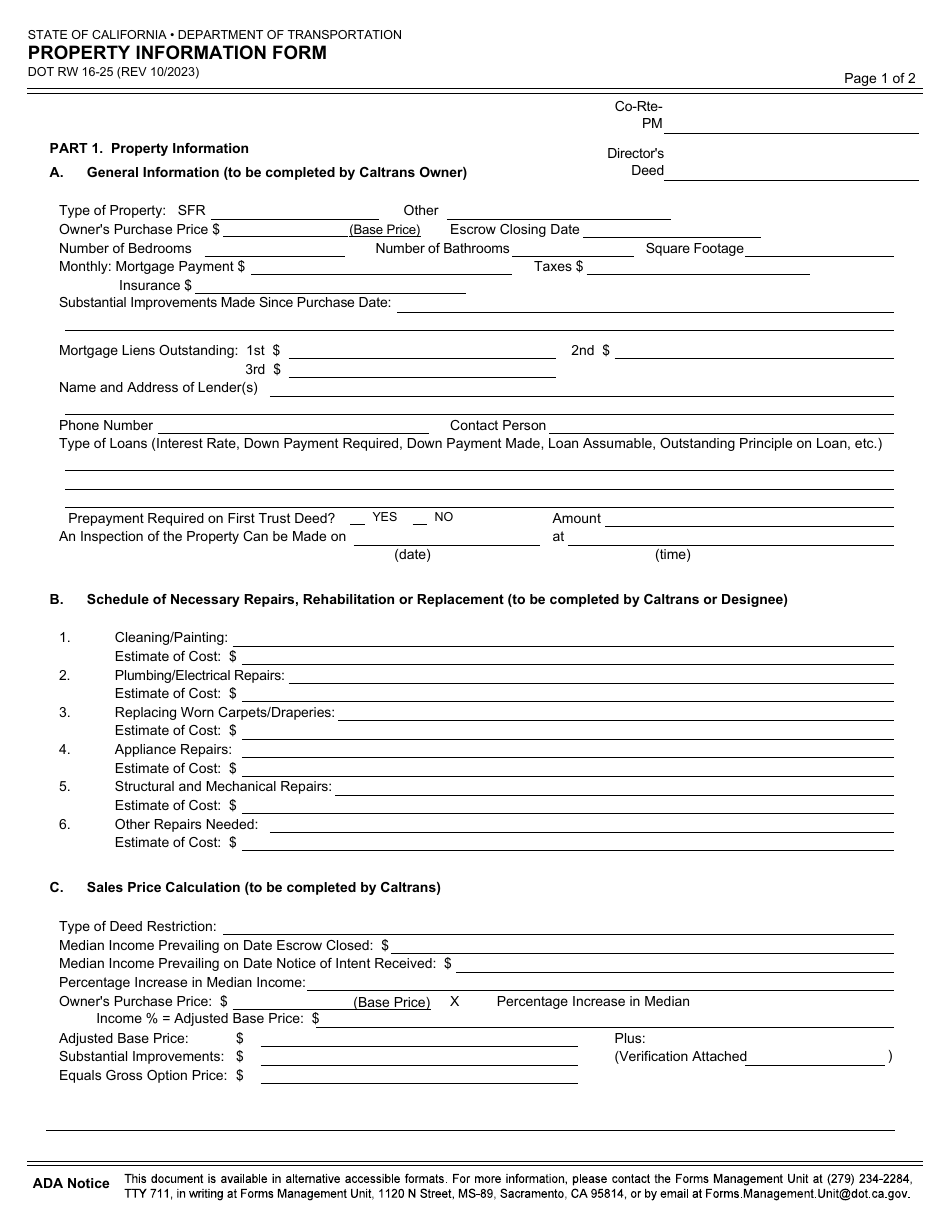 Form DOT RW16-25 Property Information Form - California, Page 1