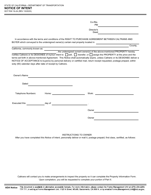 Form DOT RW16-24 Notice of Intent - California