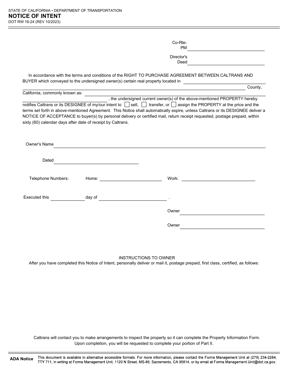 Form DOT RW16-24 Notice of Intent - California, Page 1