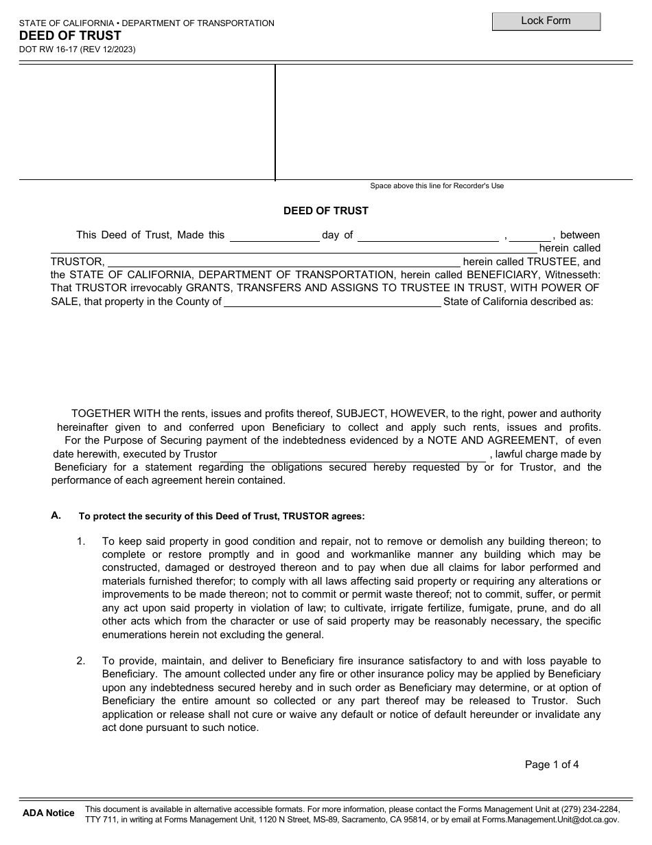 Form DOT RW16-17 Deed of Trust - California, Page 1