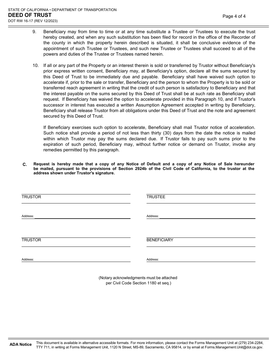 Form DOT RW16-17 Deed of Trust - California, Page 4