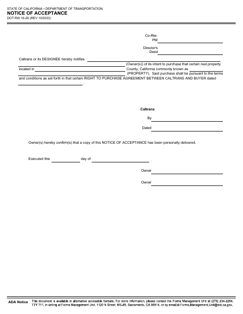 Form DOT RW16-26 Notice of Acceptance - California