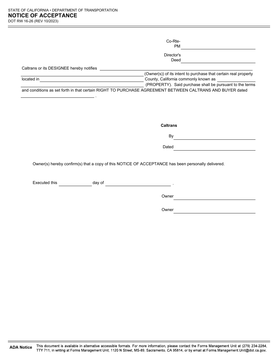 Form DOT RW16-26 Notice of Acceptance - California, Page 1