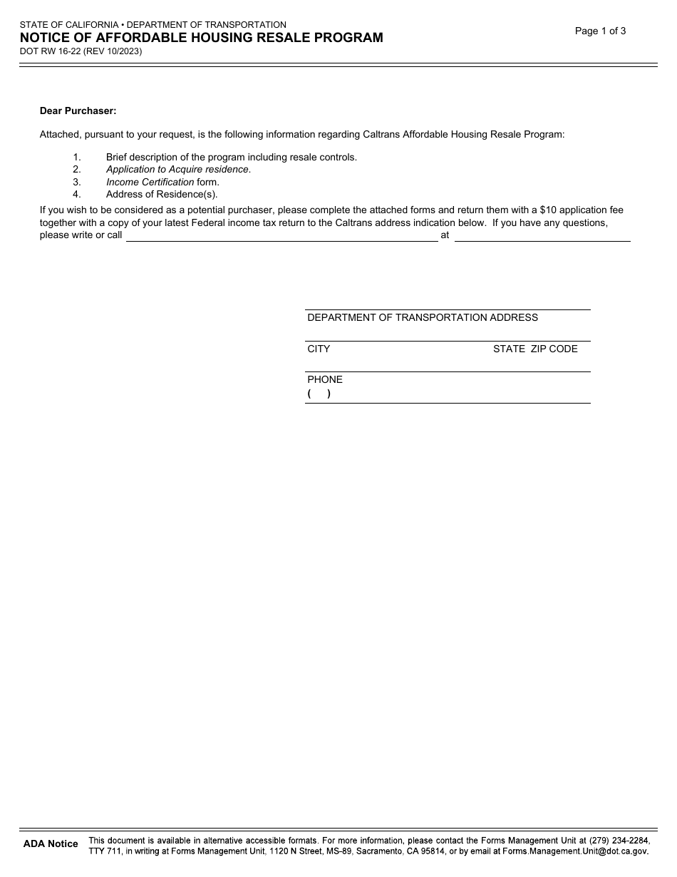 Form DOT RW16-22 Notice of Affordable Housing Resale Program - California, Page 1