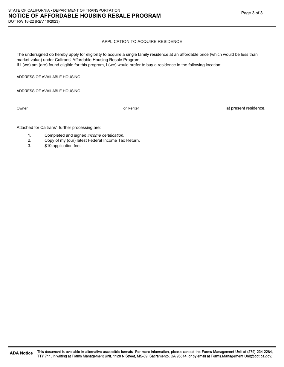 Form DOT RW16-22 Notice of Affordable Housing Resale Program - California, Page 3