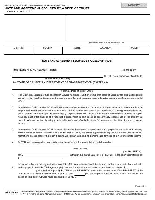 Form DOT RW16-16 Note and Agreement Secured by a Deed of Trust - California