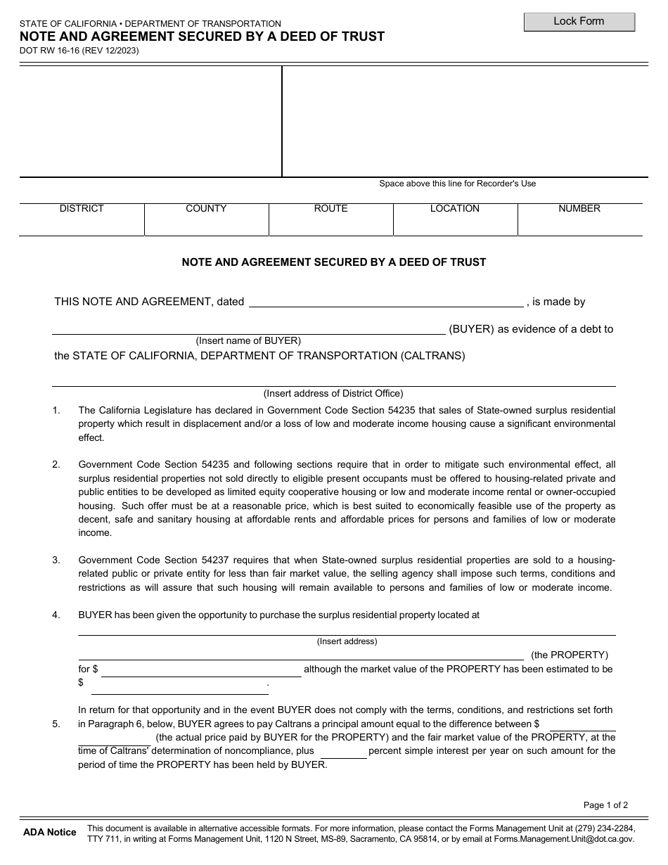 Form DOT RW16-16 Note and Agreement Secured by a Deed of Trust - California, Page 1