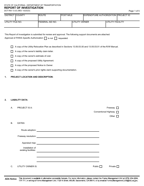 Form DOT RW13-03  Printable Pdf