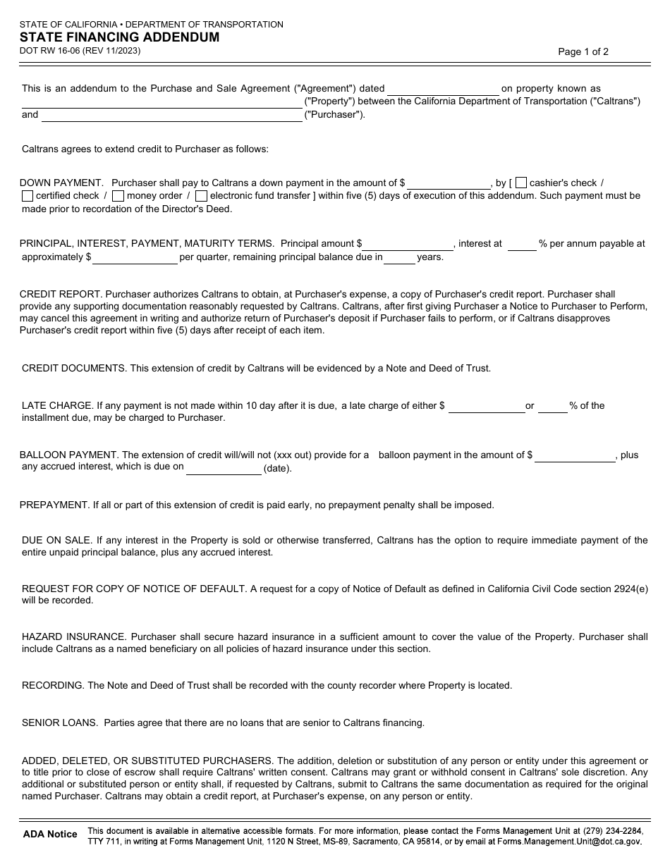 Form DOT RW16-06 State Financing Addendum - California, Page 1