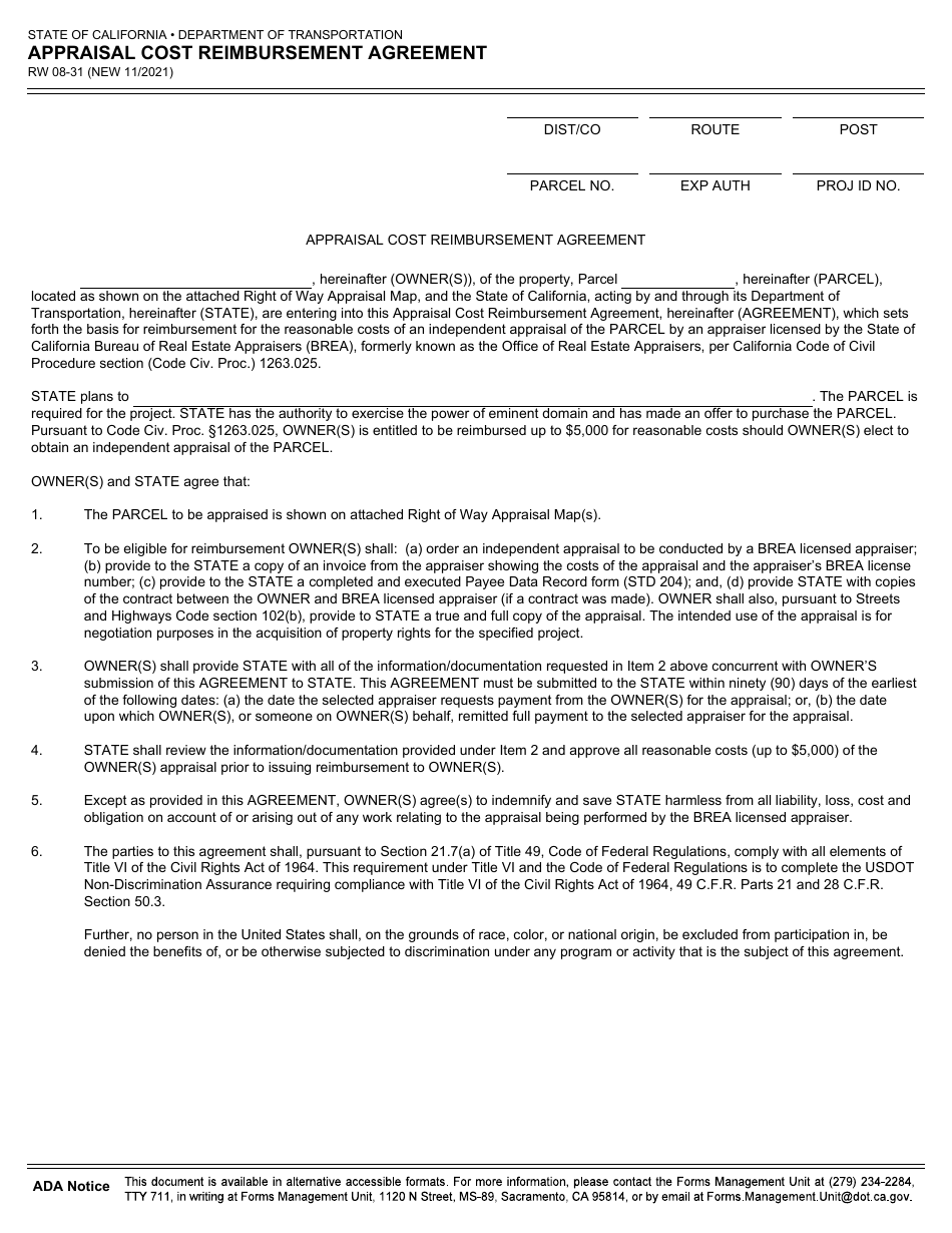 Form RW08-31 Appraisal Cost Reimbursement Agreement - California, Page 1