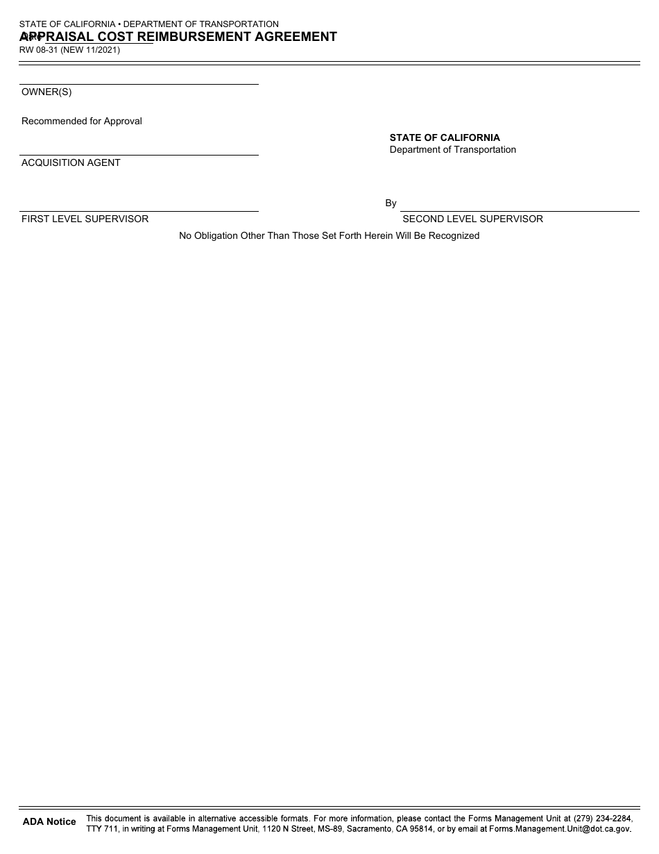 Form RW08-31 Appraisal Cost Reimbursement Agreement - California, Page 2