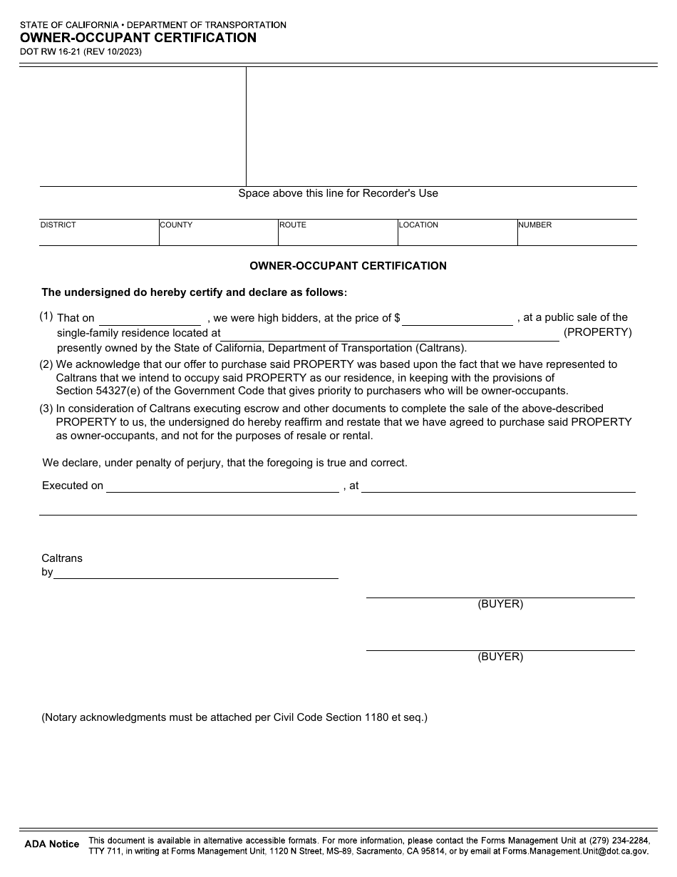 Form DOT RW16-21 Owner-Occupant Certification - California, Page 1