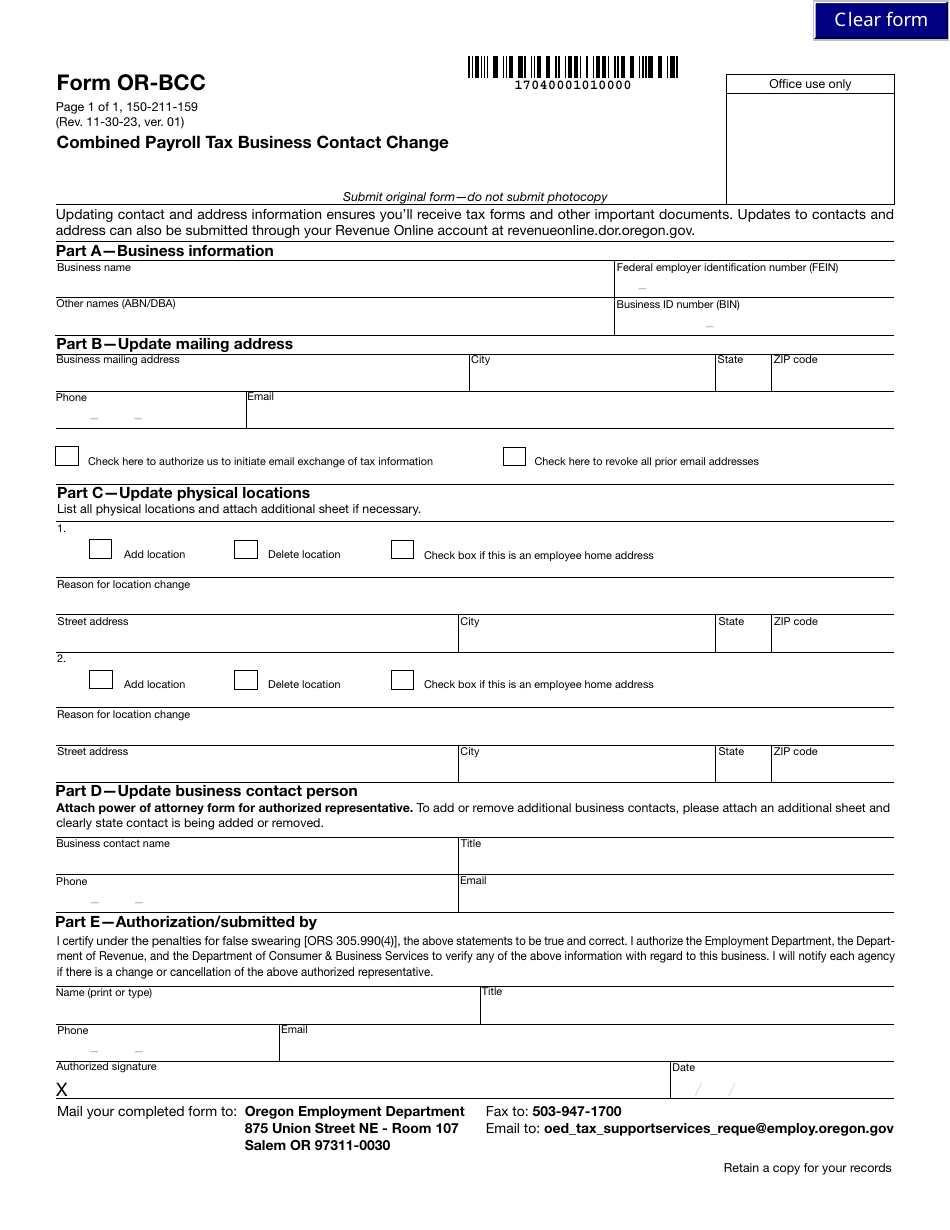 Form OR-BCC (150-211-159) Combined Payroll Tax Business Contact Change - Oregon, Page 1