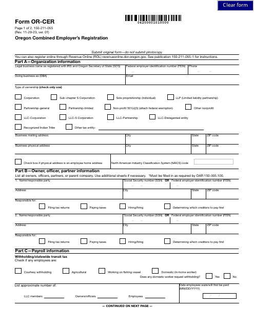 Form OR-CER (150-211-055)  Printable Pdf
