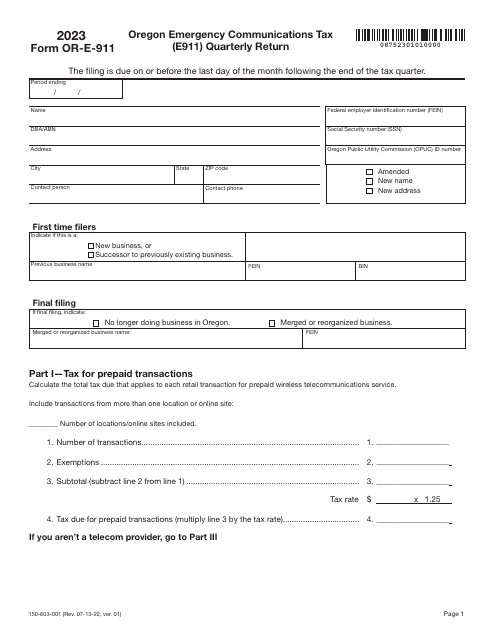Form OR-E-911 (150-603-001) Oregon Emergency Communications Tax (E911) Quarterly Return - Oregon, 2023