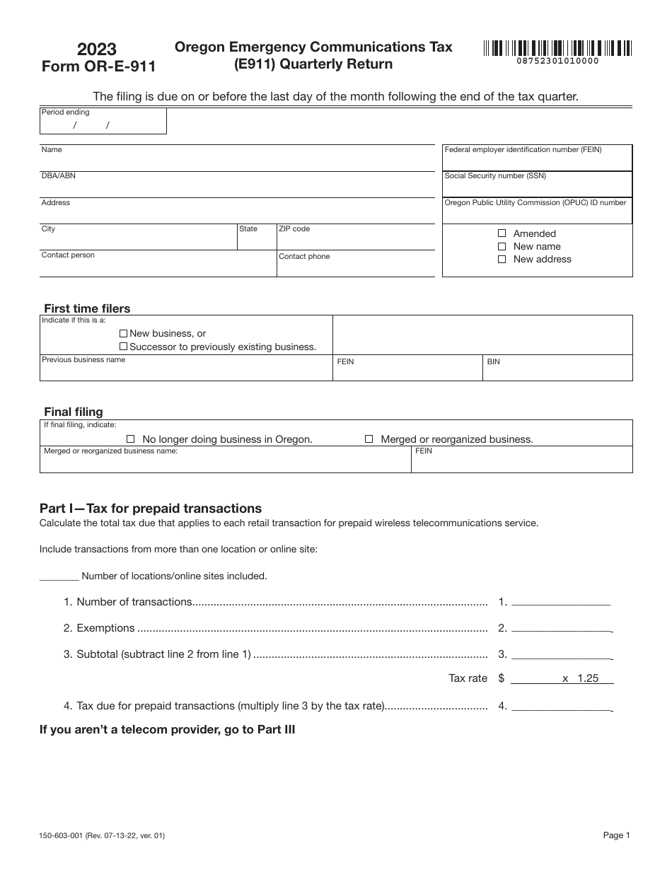 Form OR-E-911 (150-603-001) Oregon Emergency Communications Tax (E911) Quarterly Return - Oregon, Page 1