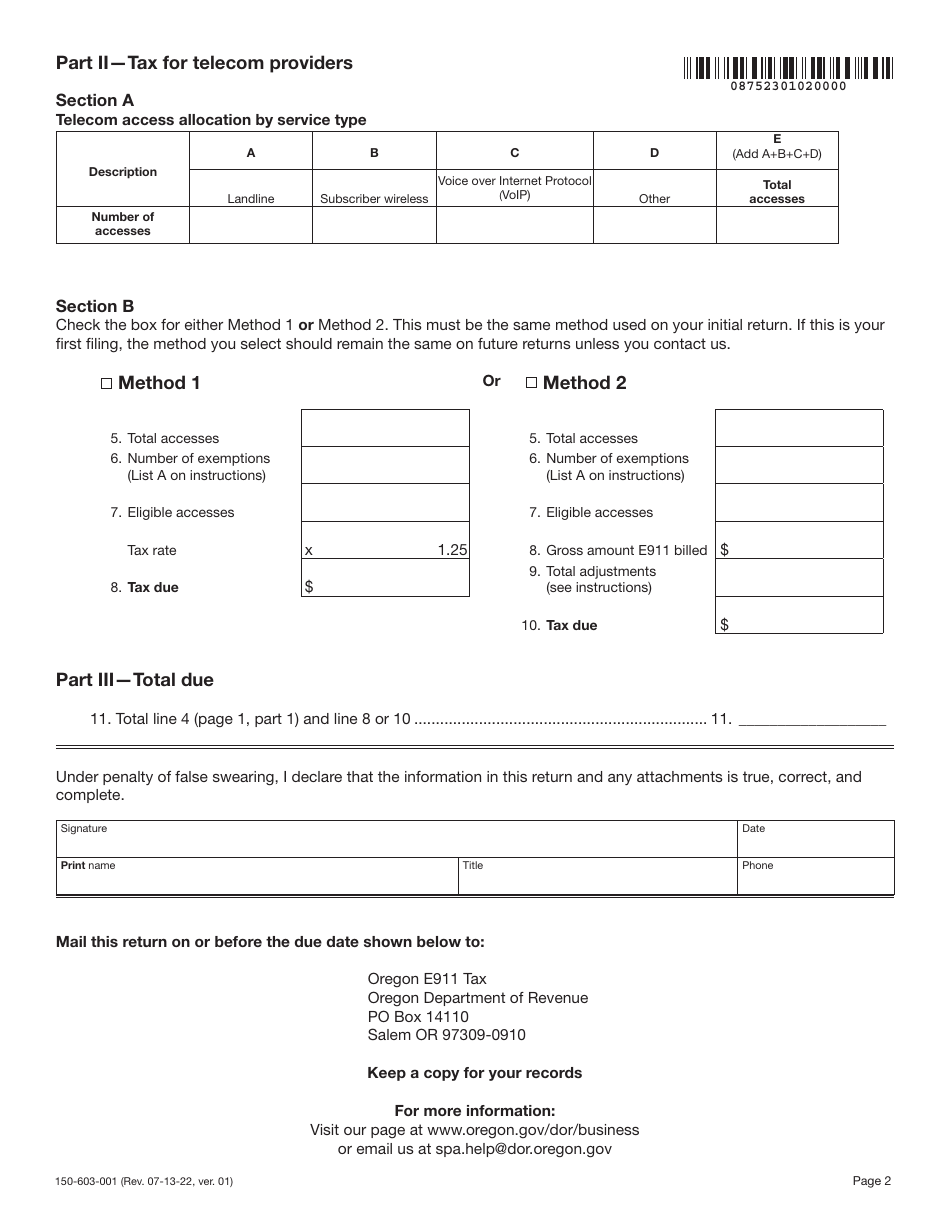 Form OR-E-911 (150-603-001) Oregon Emergency Communications Tax (E911) Quarterly Return - Oregon, Page 2