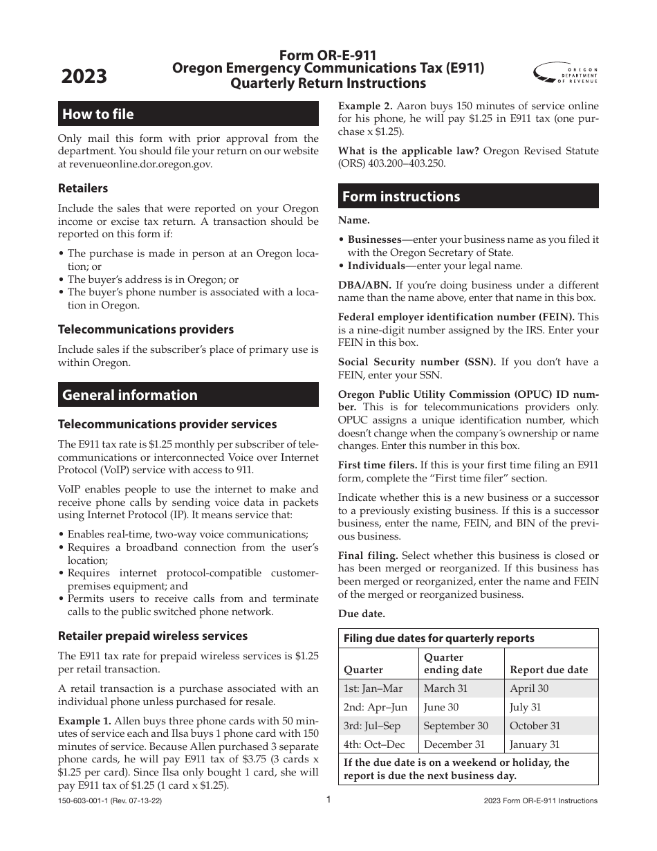 Instructions for Form OR-E-911, 150-603-001 Oregon Emergency Communications Tax (E911) Quarterly Return - Oregon, Page 1